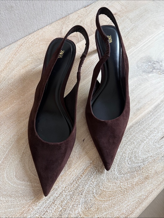 Zara Shoes - ZARA Dark Brown Suede Pointed Slingback Heels
